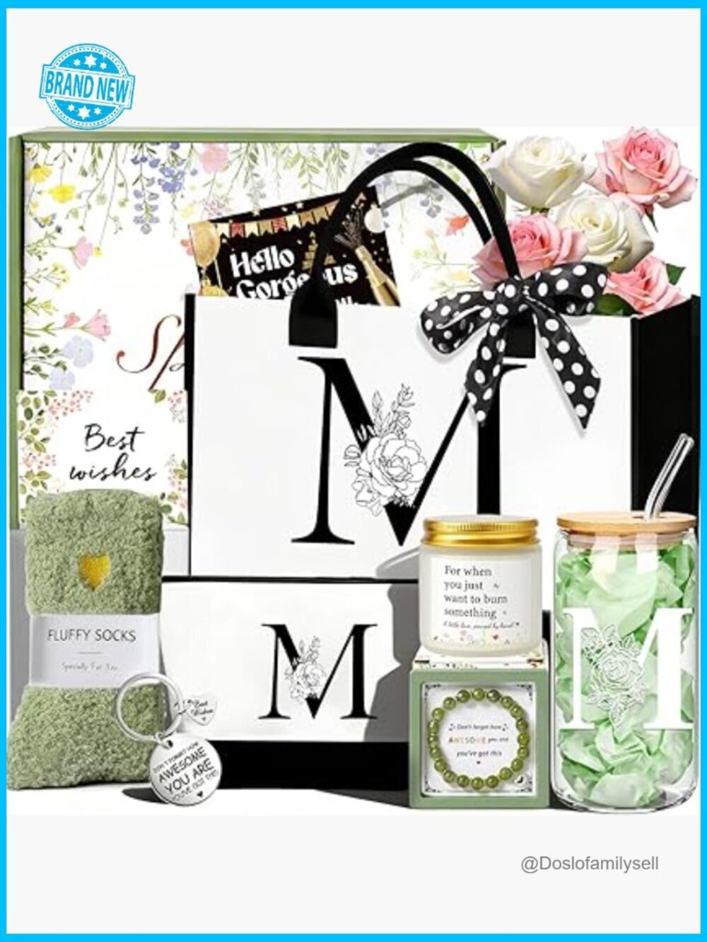 Personalized Initial Tote & Makeup Bag Set with Glass Cup, Candle, Bracelet,